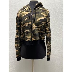 True Religion Womens Camo Cropped Full Zip Hoodie Green Brown Camouflage Large